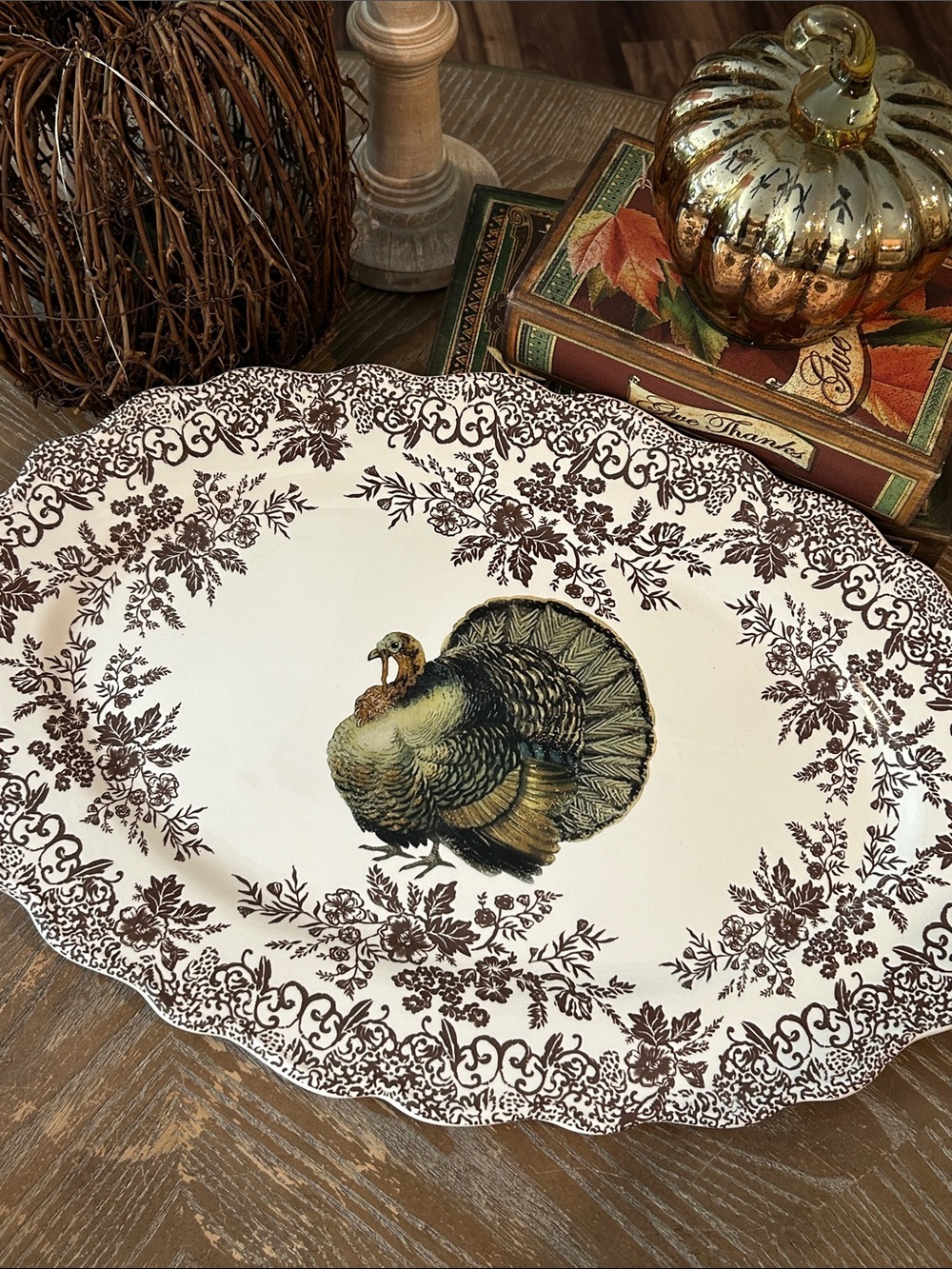 NEW! Vintage Inspired Ceramic Thanksgiving Turkey Toile Floral Serving Platter